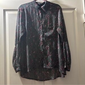 Brandy Melville dark teal floral button-up top